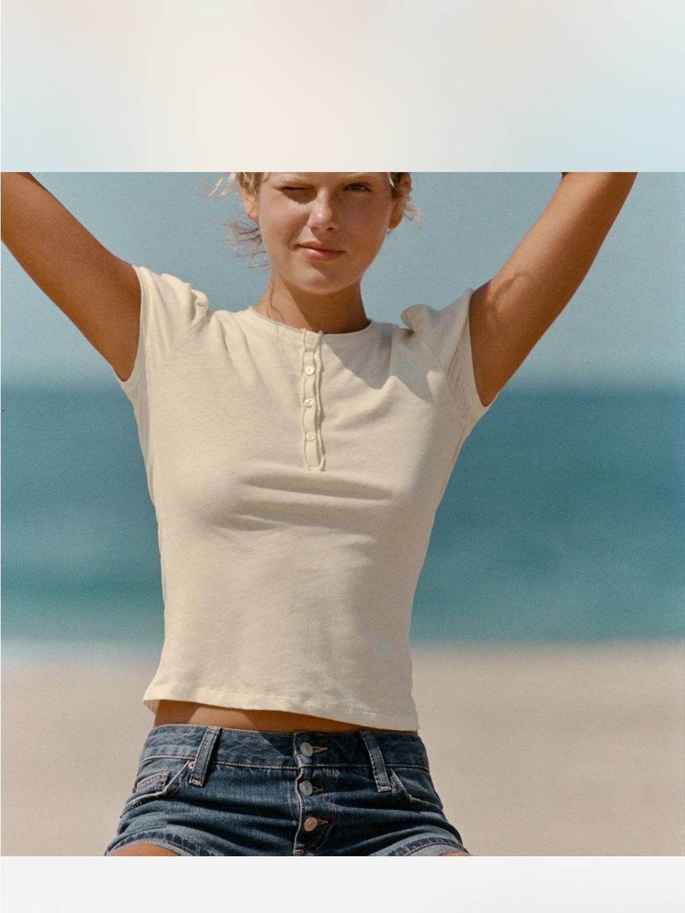 Zara Cream Short-Sleeve Henley Top